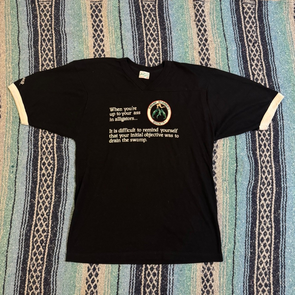 Vintage Gator Athletics Swamp Drainer Society Ringer T-Shirt XL Black V-Neck